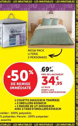 Hyper U 1 coutte temperee +2 ooreillers +1 parure de lit avec 2 taies d'oreillers offre