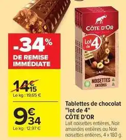 Carrefour Côte d'or - tablettes de chocolat lot de 4 offre