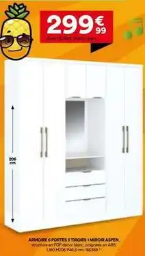 Aspen - armoire 6 portes 3 tiroirs 1 miroir assen