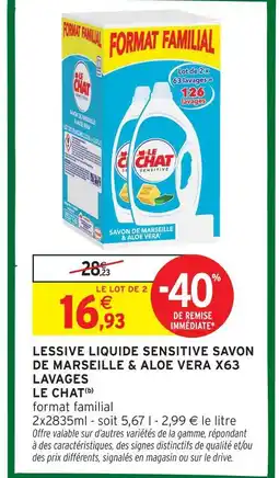 Intermarché Le chat lessive liquide sensitive savon de marseille & aloe vera x63 lavages offre