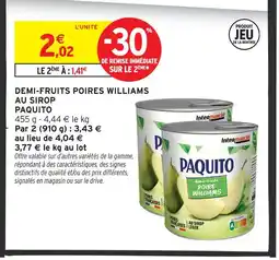 Intermarché Paquito demi-fruits poires williams au sirop offre