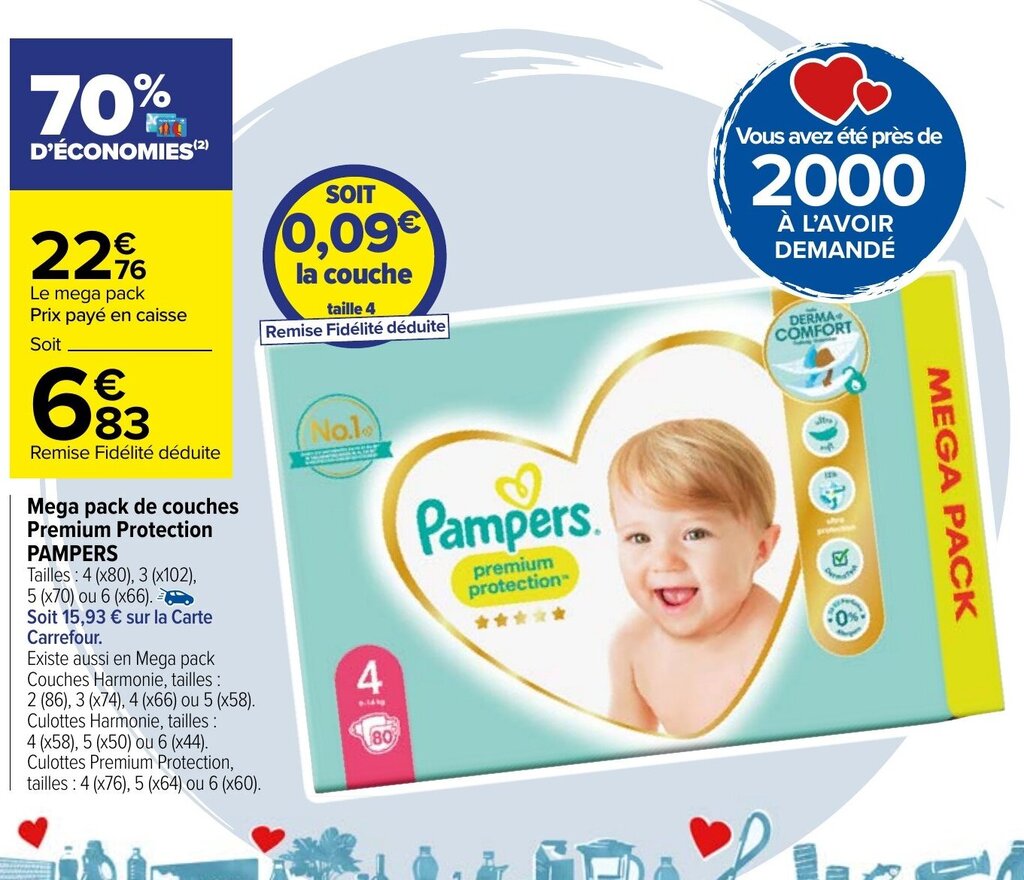 Promo Mega pack de couches premium protection PAMPERS chez Carrefour
