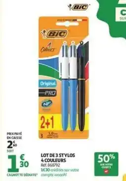 Auchan Supermarché Bic - lot de 3 stylos 4 couleurs offre