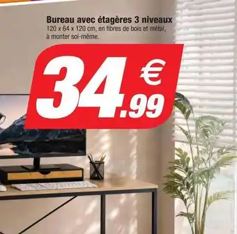 Bazarland Bureau avec étagères 3 niveaux offre