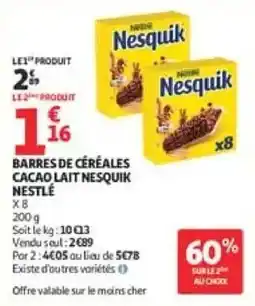 Auchan Nesquik Barres de céréales cacao lait offre