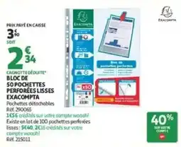 Auchan EXACOMPTA Bloc de 50 pochettes perforées lisses offre