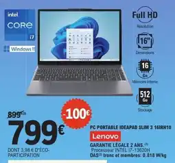 E.Leclerc Lenovo PC PORTABLE IDEAPAD SLIM 3 16IRH10 offre