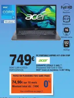 E.Leclerc acer PC PORTABLE ASPIRE A17-51M-519P offre