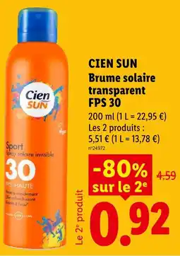 Lidl Cien sun brume solaire transparent fps 30 offre