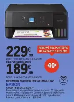 E.Leclerc Epson - imprimante multifonction ecotank et-2821 offre