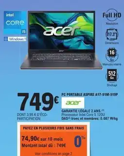 E.Leclerc Acer - pc portable aspire a17-51m-s19p offre
