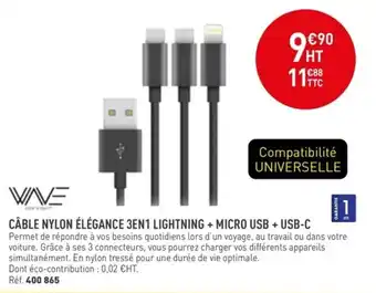 Cùble nylon élégance 3en1 lightning + micro usb + esb-c