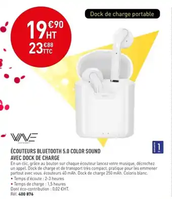 Hyperburo Écouteurs bluetooth 5.0 color sound avec dock de charge offre
