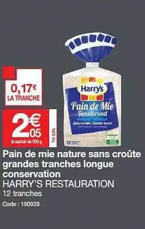 Promocash Pain De Mie Nature Sans Croûte Grandes Tranches Longue Conservation Harry's Restauration offre
