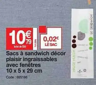 Promocash Sacs à Sandwich Décor Plaisir Ingraissables Avec Fenêtres 10 X 5 X 29 Cm offre