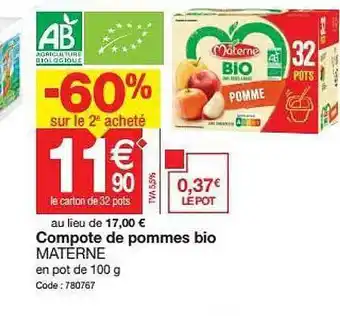 Promocash Comote De Pommes Bio Materne offre