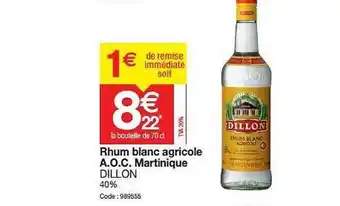 Promocash Rhum Blanc Agricole A.o.c. Martinique Dillon offre
