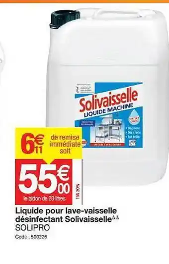 Promocash Liquide Pour Lave-vaisselle Désinfectant Solivaisselle Solipro offre