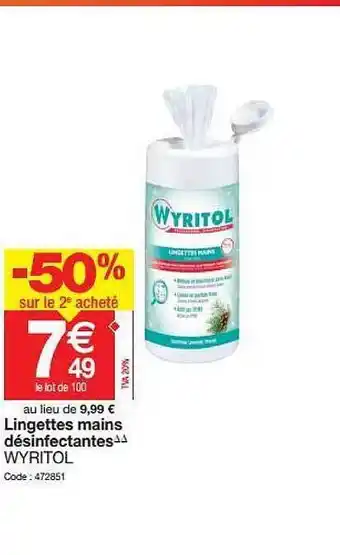 Promocash Linguettes Mains Désinfectantes Wyritol -50% Sur Le 2e Acheté offre