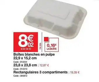 Promocash Boîtes Blanches En Pulpe 22.9 X 15.2 Cm 23.8 X 23.8 Cm offre