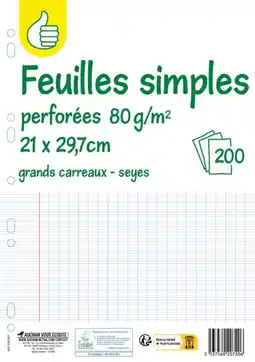 Auchan Pouce feuilles simple 200 pages perforées pouce offre