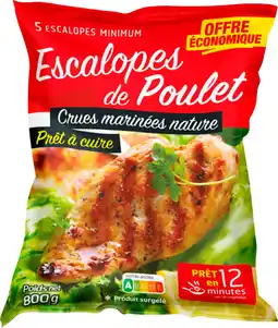 Auchan Supermarché Sans marque escalopes de poulet crues marinées nature surgelées offre