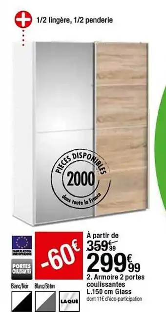 BUT Armoire 2 Portes Coulissantes L.150 Cm Glass offre
