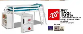 BUT Lit Mi-hauteur 90 X 190 Cm Happy 3 (étagère Et Bureau En Option) offre