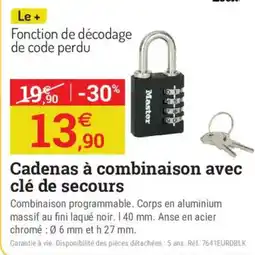 Espace emeraude Master Cadenas à combinaison avec clé de secours offre