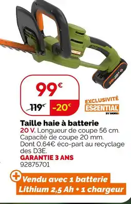 Weldom Essential by worx taille haie à batterie offre
