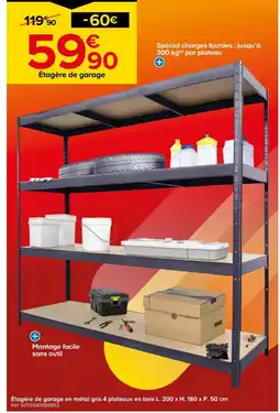 Castorama Étagère de garage en métal gris 4 plateaux en bois l. 200 x h. 180 x p. 50 cm offre