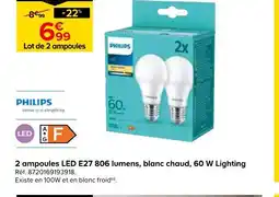 Castorama Philips 2 ampoules led e27 806 lumens, blanc chaud, 60 w lighting offre