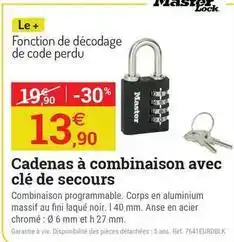 Espace emeraude Fini - cadenas à combinaison avec clé de secours offre