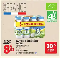 Auchan LACTEL Lait demi-écrémé bio offre