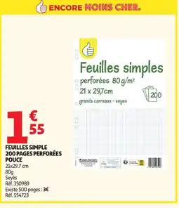 Auchan Feuilles simple 200 pages perforées pouce offre