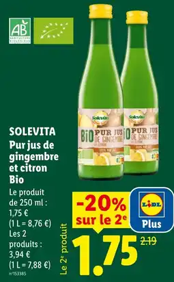 Lidl Solevita Pur jus de gingembre et citron Bio offre