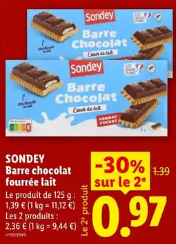 Lidl Sondey Barre chocolat fourrée lait offre
