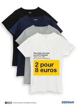 Zeeman ZEEMAN Tee-shirt col rond ou col V homme offre