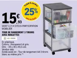 E.Leclerc HOMESIDE TOUR DE RANGEMENT 3 TIROIRS AVEC ROULETTES offre