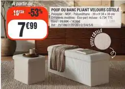 La Foir'Fouille POUF OU BANC PLIANT VELOURS CÔTELÉ offre