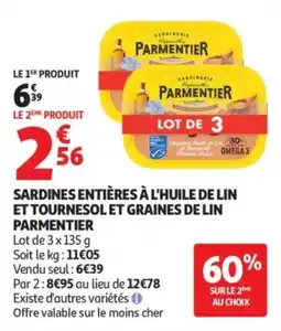 Auchan PARMENTIER Sardines entières à l'huile de lin et tournesol et graines de lin offre