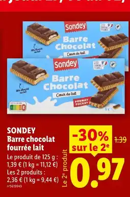 Lidl Sondey barre chocolat fourrée lait offre