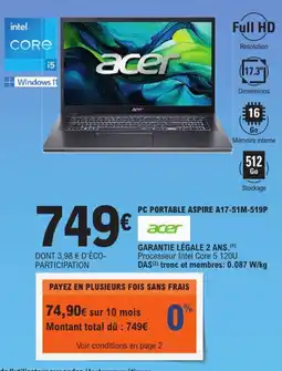 E.Leclerc Espace Culturel Acer PC Portable Aspire A17-51M-519P offre