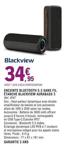 E.Leclerc Enceinte bluetooth 5, 3 sans fil étanche blackview aurabass 3 offre