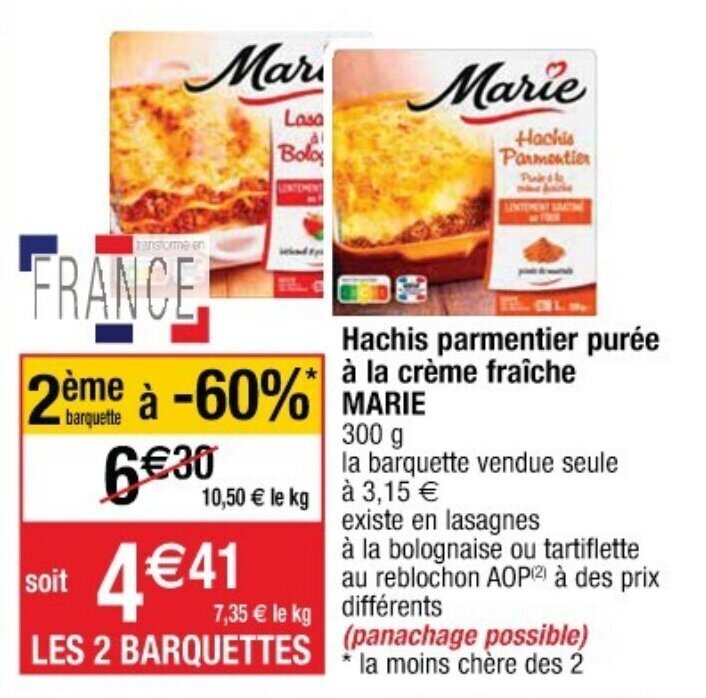 Promo Hachis parmentier purée à la crème fraîche Marie chez Cora