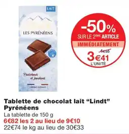 Monoprix Lindt Tablette de chocolat lait offre