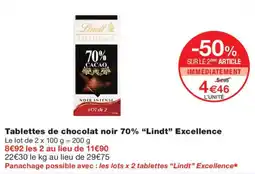 Monoprix Lindt Tablettes de chocolat noir 70% offre