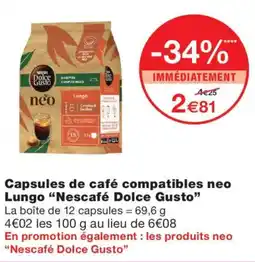 Monoprix Nescafé Dolce Gusto capsules de café compatibles neo Lungo offre