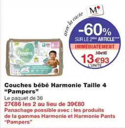 Monoprix Pampers Couches bébé Harmonie Taille 4 offre