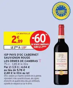 Intermarché Express Les Ormes de Cambras IGP Pays d'Oc Cabernet Sauvignon Rouge offre